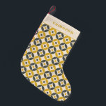 Personalized Bold Geometric Warm Gold Grey Vintage Small Christmas Stocking<br><div class="desc">Add a unique touch to your holiday decor with this personalized stocking featuring a bold geometric pattern in warm gold and charcoal tones. The vintage-inspired design blends mid-century modern style with festive charm, making it a stylish addition to your mantel. Perfect for adding a custom touch to your Christmas traditions....</div>