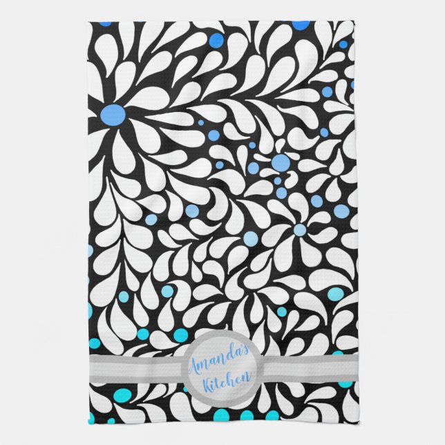Personalized Bold modern flowers blue teal ombre  Kitchen Towel (Vertical)