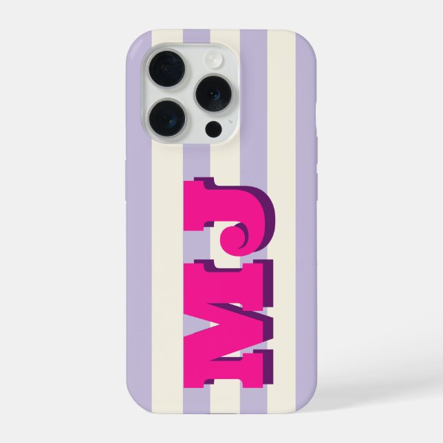 Personalized Bold Monogram, Lavender Stripe iPhone Case (Back)