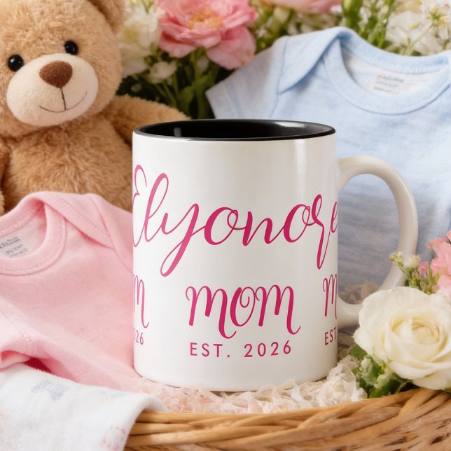 Personalized Bold  Name Est New Mom Pink Script  Two-Tone Coffee Mug (Creator Uploaded)