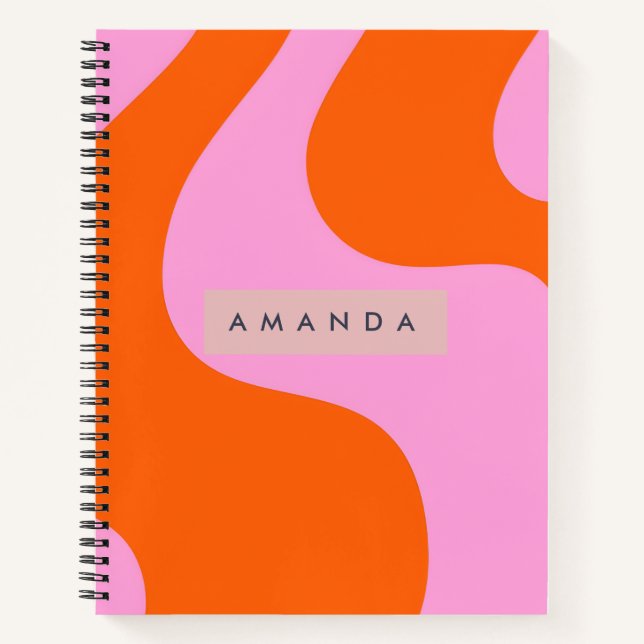 Personalized Bold Orange and Pink Wave Stripe Notebook (Front)