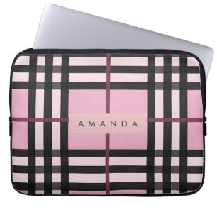 Personalized Bold Pink & Black Plaid Pattern Laptop Sleeve