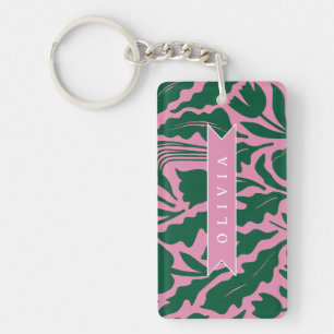 Personalized Bold Pink Botanical Floral Name Gift Keychain