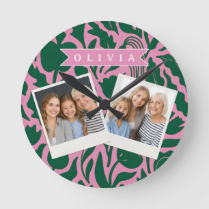 Personalized Bold Pink Botanical Floral Name Gift Round Clock