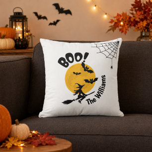 Personalized Boo Witch, Bats & Full Moon Halloween Throw Pillow