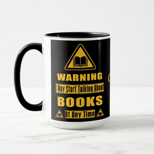 Personalized Book Lover's Warning Sign Black Mug (Left)