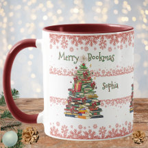 Personalized Book Tree With Red Snowflakes Pattern