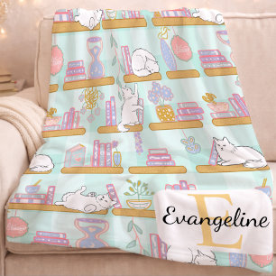 Personalized Bookish Cat Gift Green Pastel Name Fleece Blanket