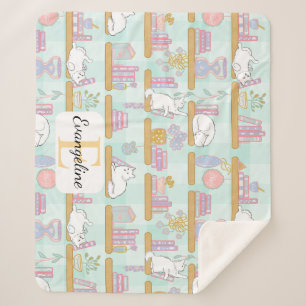 Personalized Bookish Cat Gift Green Pastel Name Sherpa Blanket