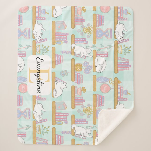 Personalized Bookish Cat Gift Green Pastel Name Sherpa Blanket (Front)