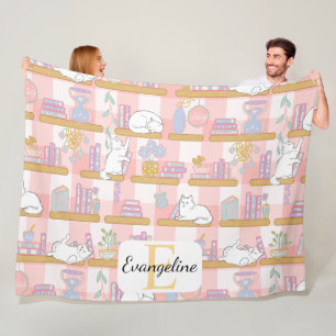 Personalized Bookish Cat Gift Pink Pastel Name Fleece Blanket