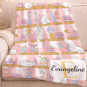 Personalized Bookish Cat Gift Pink Pastel Name Fleece Blanket