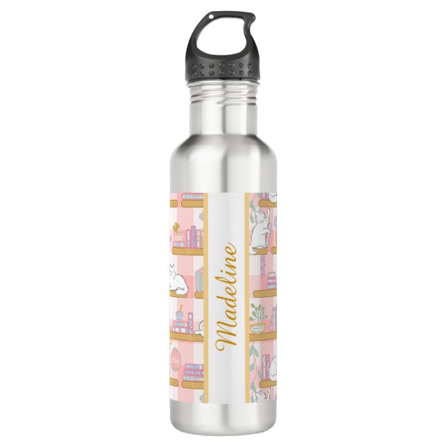 Personalized Bookish Girly Cat Library Name Pink 710 Ml Water Bottle (Front)