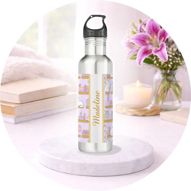 Personalized Bookish Girly Cat Library Name Purple 710 Ml Water Bottle (Creator Uploaded)