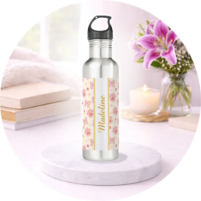 Personalized Bookish Girly Cute Cat Paw Name Pink 710 Ml Water Bottle (Creator Uploaded)