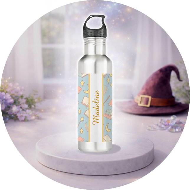 Personalized Bookish Girly Cute Wizard Name Blue 710 Ml Water Bottle (Creator Uploaded)