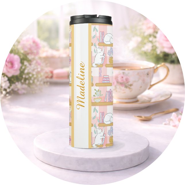Personalized Bookish Girly Pink Cute Cat Name Thermal Tumbler (Creator Uploaded)