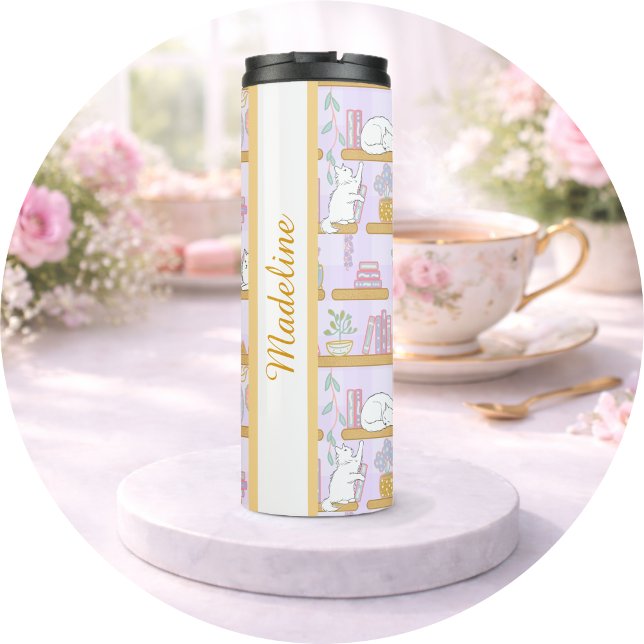 Personalized Bookish Girly Purple Cute Cat Name Thermal Tumbler (Creator Uploaded)