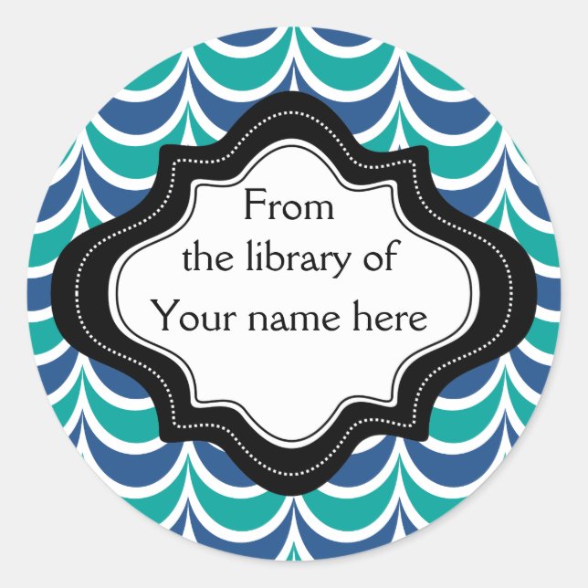 Personalized Bookplates|Blue Green  Wavy Stripes Classic Round Sticker (Front)