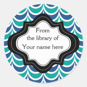 Personalized Bookplates Blue Green  Wavy Stripes Classic Round Sticker