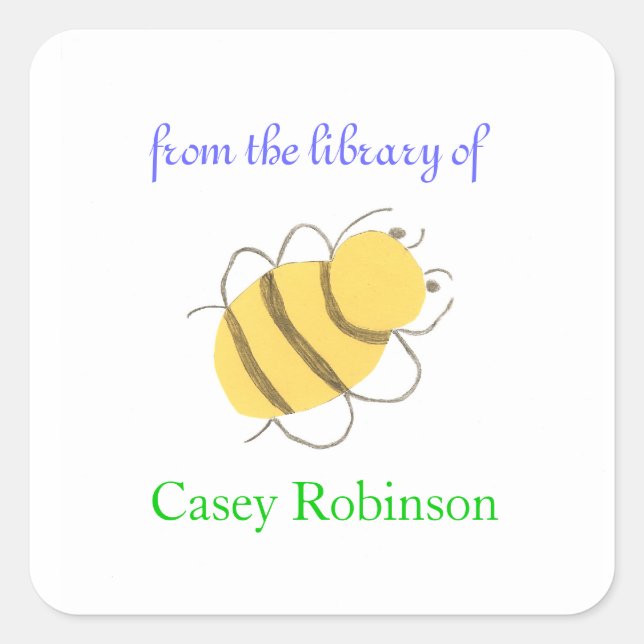 Personalized bookplates for children - little bee square sticker (Front)