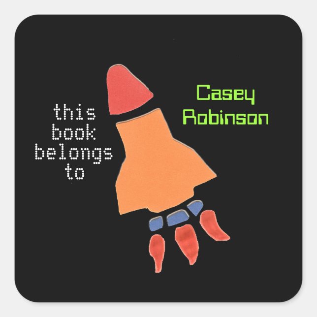 Personalized bookplates for kids - neon rocket square sticker (Front)
