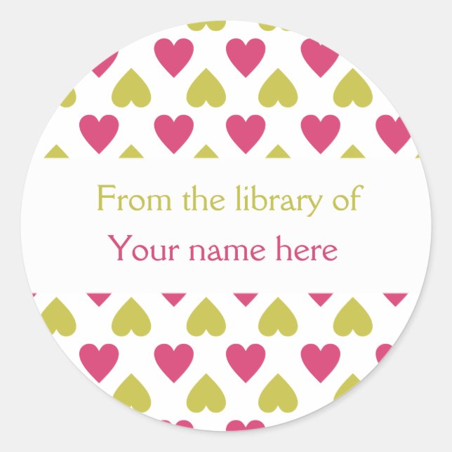 Personalized Bookplates|Pink Green Hearts Classic Round Sticker (Front)