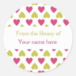 Personalized Bookplates Pink Green Hearts Classic Round Sticker
