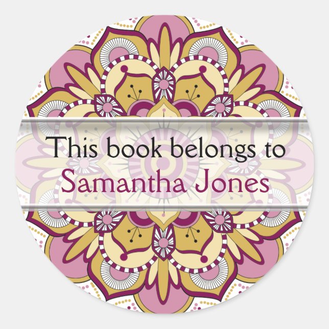 Personalized  Bookplates | Pink Mandala Pattern Classic Round Sticker (Front)