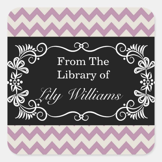 Personalized Bookplates - Purple Chevron Pattern Square Sticker (Front)