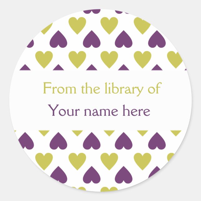 Personalized Bookplates|Purple Green Hearts Classic Round Sticker (Front)