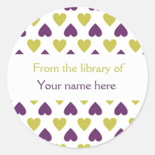 Personalized Bookplates Purple Green Hearts Classic Round Sticker