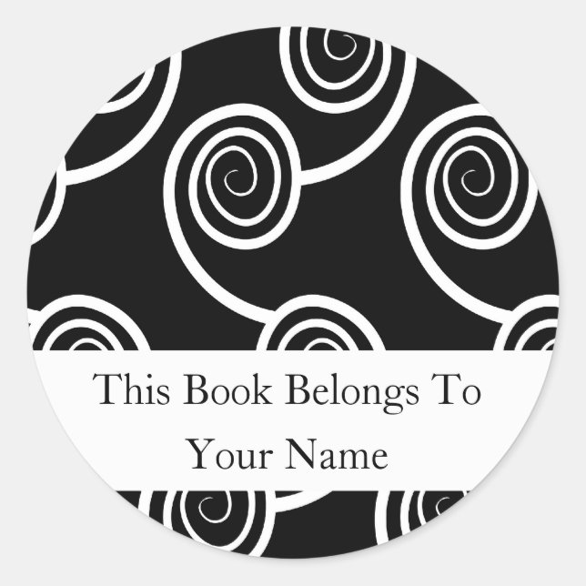 Personalized Bookplates -White Swirl On Black Classic Round Sticker (Front)