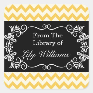 Personalized Bookplates - Yellow Chevron Pattern Square Sticker