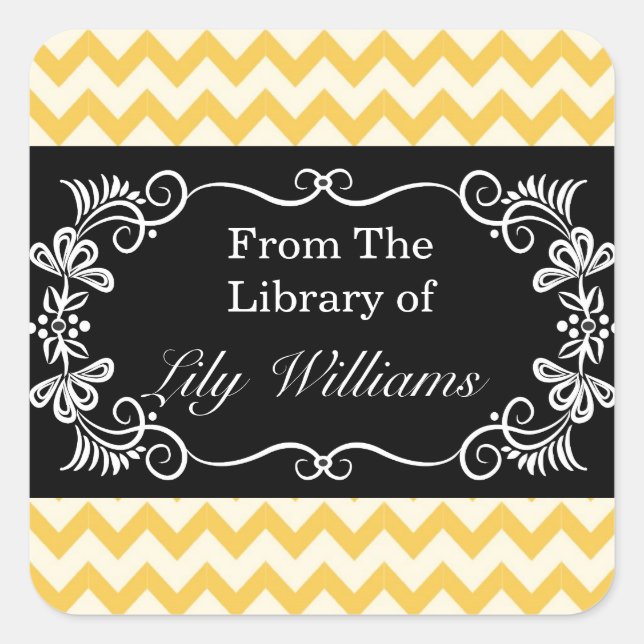 Personalized Bookplates - Yellow Chevron Pattern Square Sticker (Front)