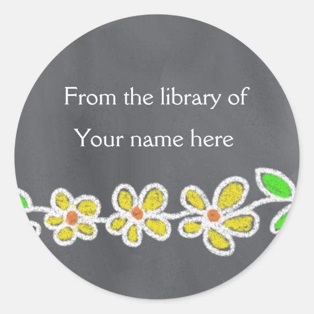 Personalized Bookplates|Yellow Flowers Chalkboard Classic Round Sticker (Front)