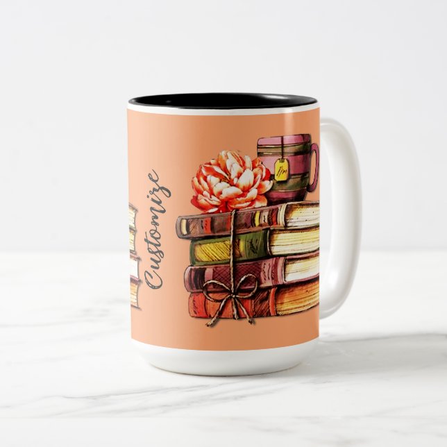 Personalized Books And Tea Peach Two-Tone Coffee Mug (Front Right)