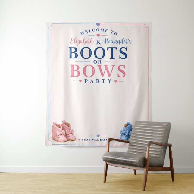 Personalized Boots or Bows Gender Reveal Backdrop Tapestry (In Situ)