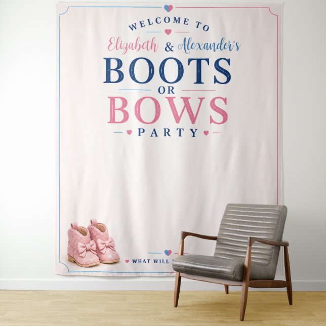 Personalized Boots or Bows Gender Reveal Backdrop Tapestry (In Situ)