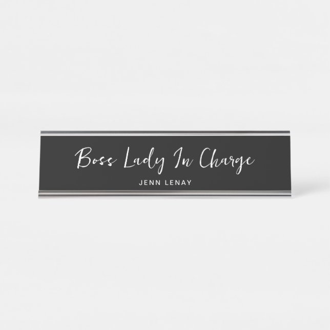 Personalized Boss Lady Chic Script Black And White Desk Name Plate (Front)