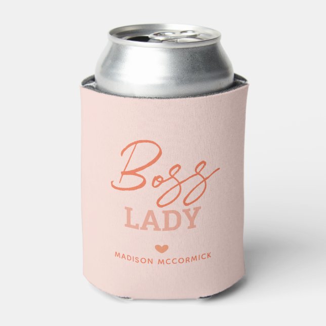 Personalized Boss Lady Pastel Pink Orange Script Can Cooler (Can Front)