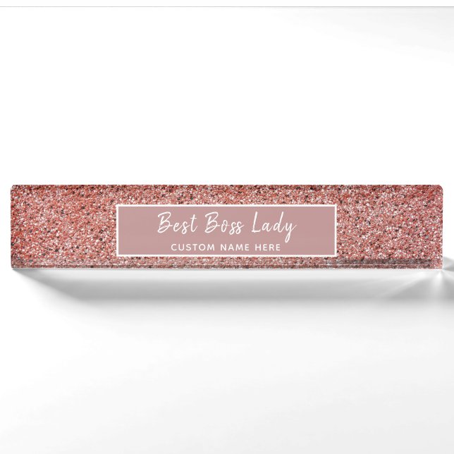 Personalized Boss Lady Rose Gold Glitter Sparkle Nameplate (Front)