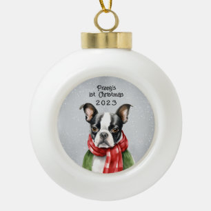 Personalized Boston Terrier Ceramic Ball Christmas Ornament