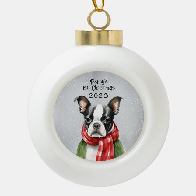 Personalized Boston Terrier Ceramic Ball Christmas Ornament (Front)