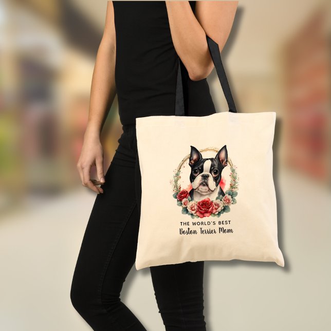  Personalized Boston Terrier Dog Mom Floral Wreath Tote Bag (Edit text as required to add your own message, or delete if not required)