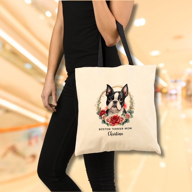  Personalized Boston Terrier Dog Mom Floral Wreath Tote Bag (Personalize with Name and text, or add other text or delete if not required)