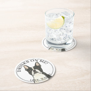 Personalized Boston Terrier Dog Wedding Round Paper Coaster