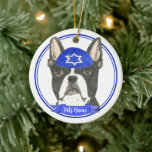 Personalized Boston Terrier Hanukkah Yarmulke Blue Ceramic Ornament<br><div class="desc">Celebrate your favourite mensch on a bench with personalized ornament! This design features a sweet illustration of a black and white boston terrier dog with a blue and white yarmulke. For the most thoughtful gifts, pair it with another item from my collection! To see more work and learn about this...</div>