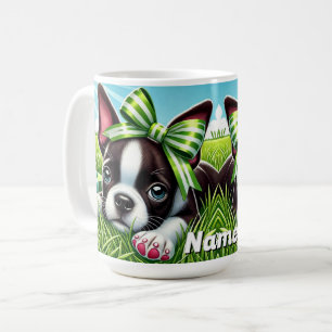 Personalized  Boston Terrier Puppy with Green Bow Coffee Mug