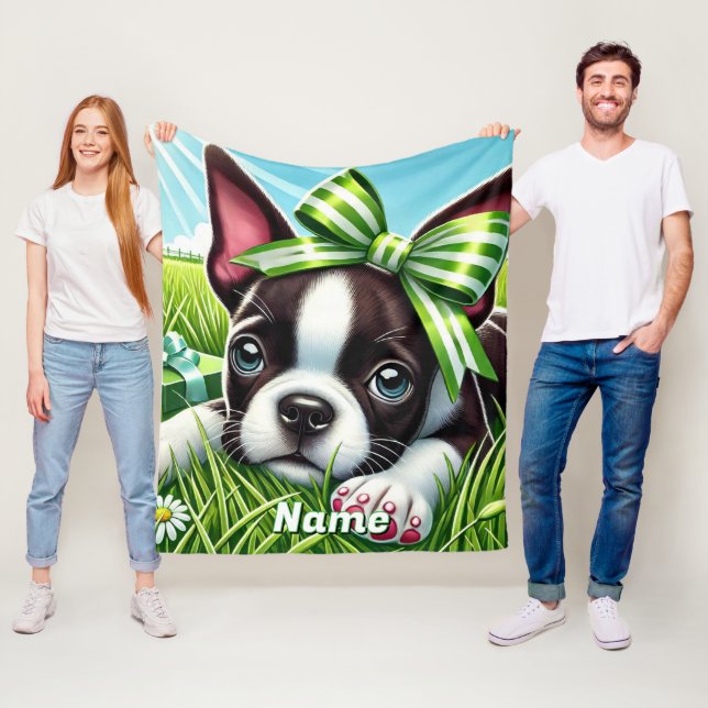 Personalized Boston Terrier Puppy with Green Bow Fleece Blanket (In Situ)